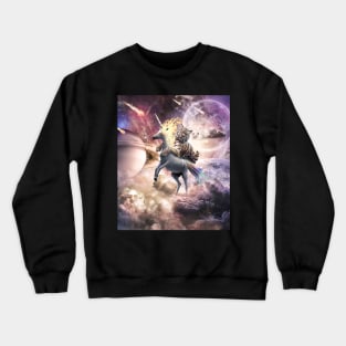 Big Cat Tiger Riding Evil Fire Unicorn In Space Crewneck Sweatshirt